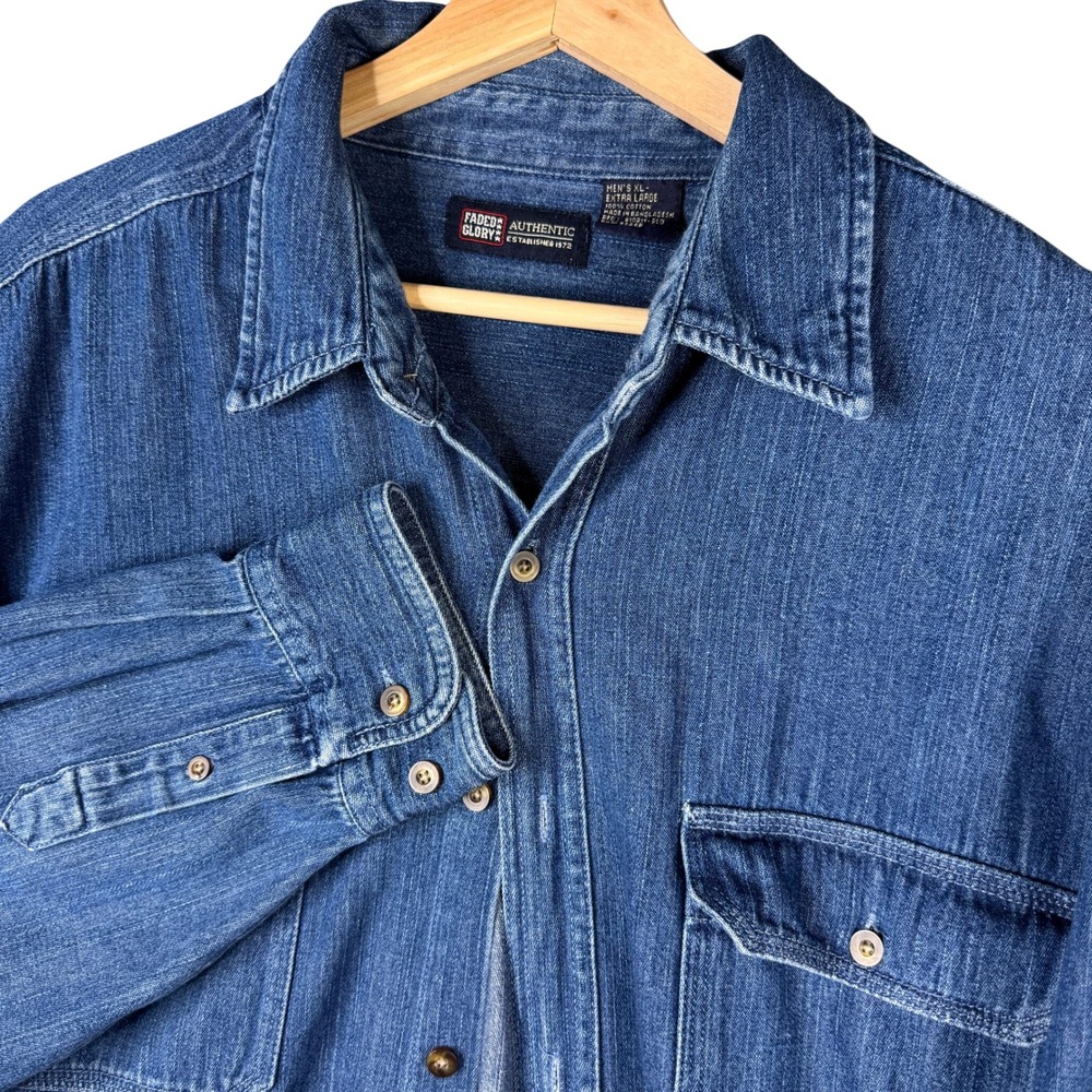 Faded Glory Mens XL Vtg Blue Denim Long Sleeve Button Down Utility Work Shirt